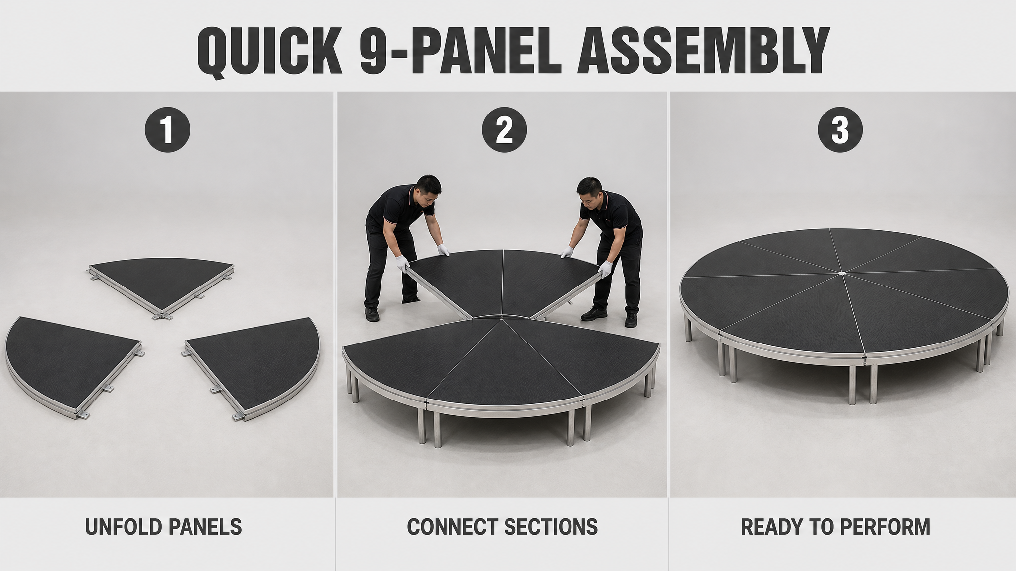 Circular Modular Stage Platform 3.66m Diameter with Black Anti-Slip Surface and Adjustable Height 45-60cm