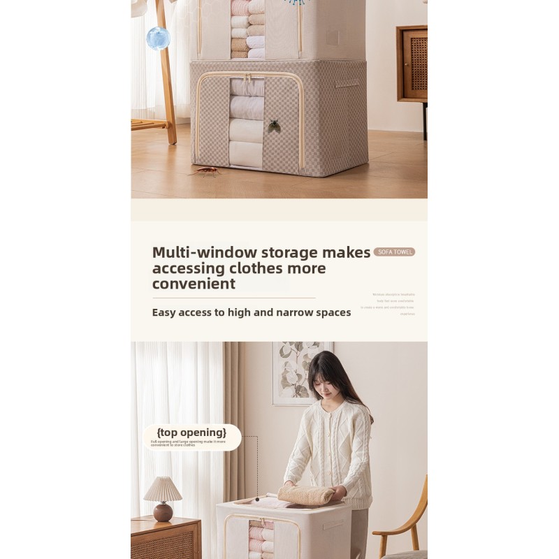 Modern Cotton Linen Clothing Storage Box with Steel Frame Foldable Quilt Down Jacket Organizer Fabric Storage Box