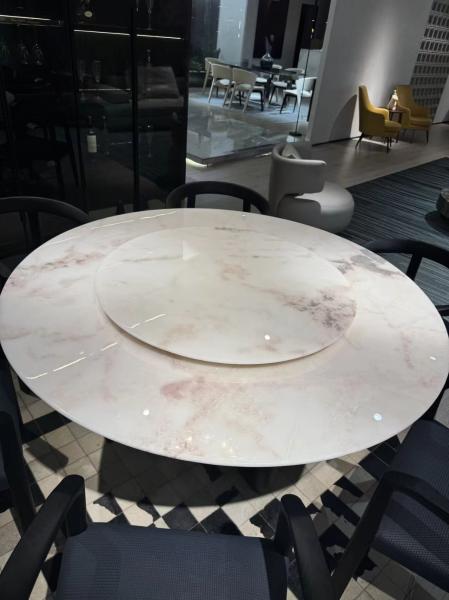 Elegant Tuscan Style Round Dining Table in Natural Marble Stone with White Pink Gray Veins for Modern Luxury Spaces