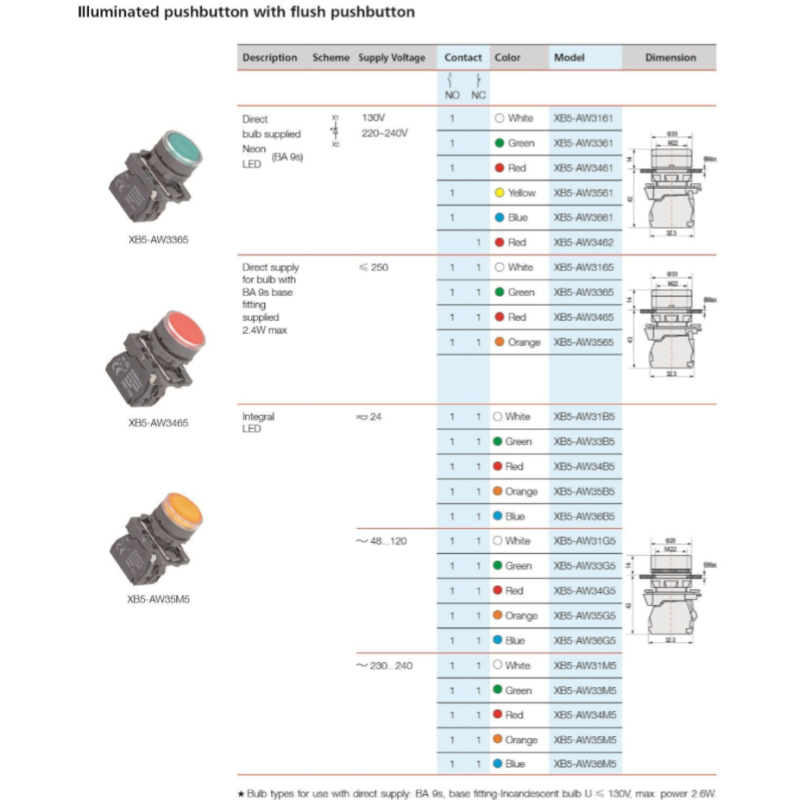 22mm Push Button Switch Momentary Type XB5 AA31 1NO Push Button Switch 230v