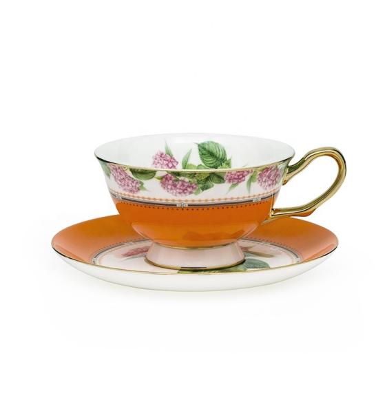 Pink Floral Design Porcelain Cups Decal Luxury Coffee Tea Cup And Saucer With Colorful Rim