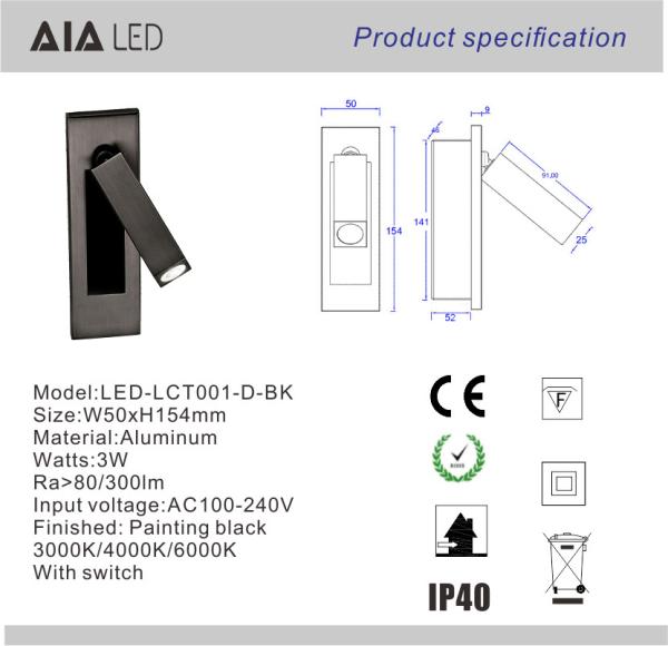 Rotating Recessed mounted bed sides light 3W led bed lighting reading light bed head wall lamp