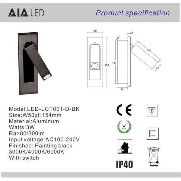 Rotating Recessed mounted bed sides light 3W led bed lighting reading light bed head wall lamp