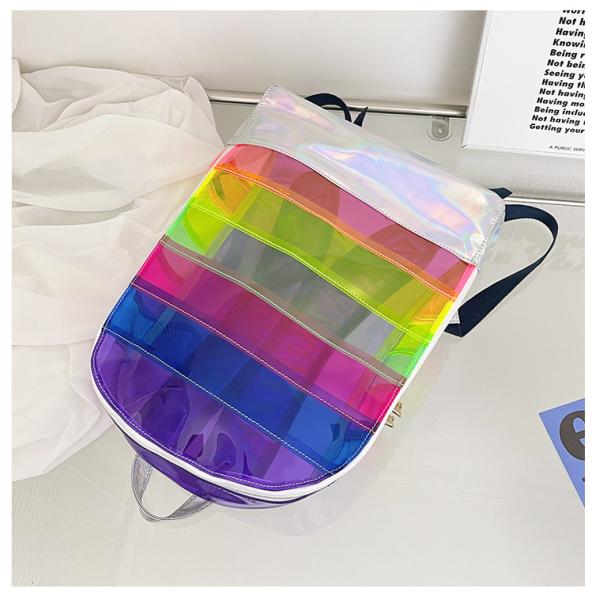 Stylish Transparent PVC Backpack Women's Jelly Stripe Stitching Rainbow Hologram for Daily