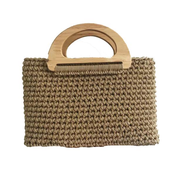 Natural Hemp Rope Crochet Hand Bag Woven With Wooden Handle OEM