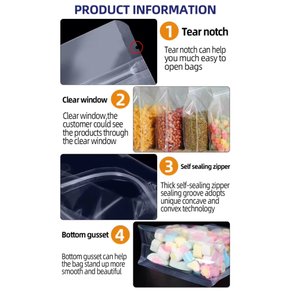 Custom Plastic Bag Transparent Standup Pouch Resealable Flat Square Bottom Zipper Bag with Handle Nuts Spice Dry Fruit Bag