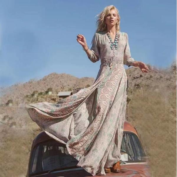 V Neck Ruffle Cotton Romantic Floral Dresses Knee Length A Line