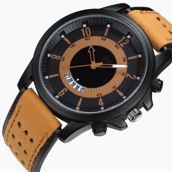 Quartz Movement Large Dial Mens Wrist Watches Black Casual Watches Leather Straps 23cm