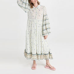                  Ladies Viscose Tiered Maxi Floral Print Long Balloon Sleeve Collared Neck Shirt Dress for Women             