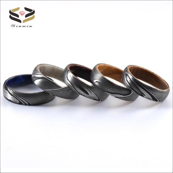 Etched Damascus Wedding Rings 6mm 8mm With Blue Purple Wood Sleeve Inlay