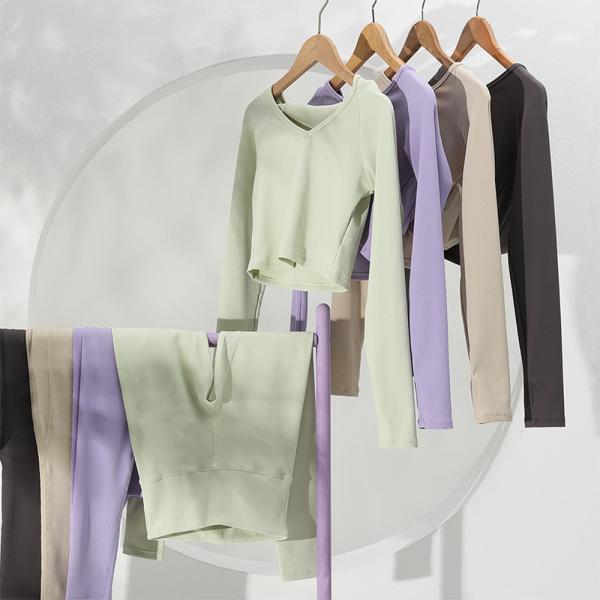 High Waist Ribbed Yoga Clothes Women Long Sleeve Hooded Crop Top Set
