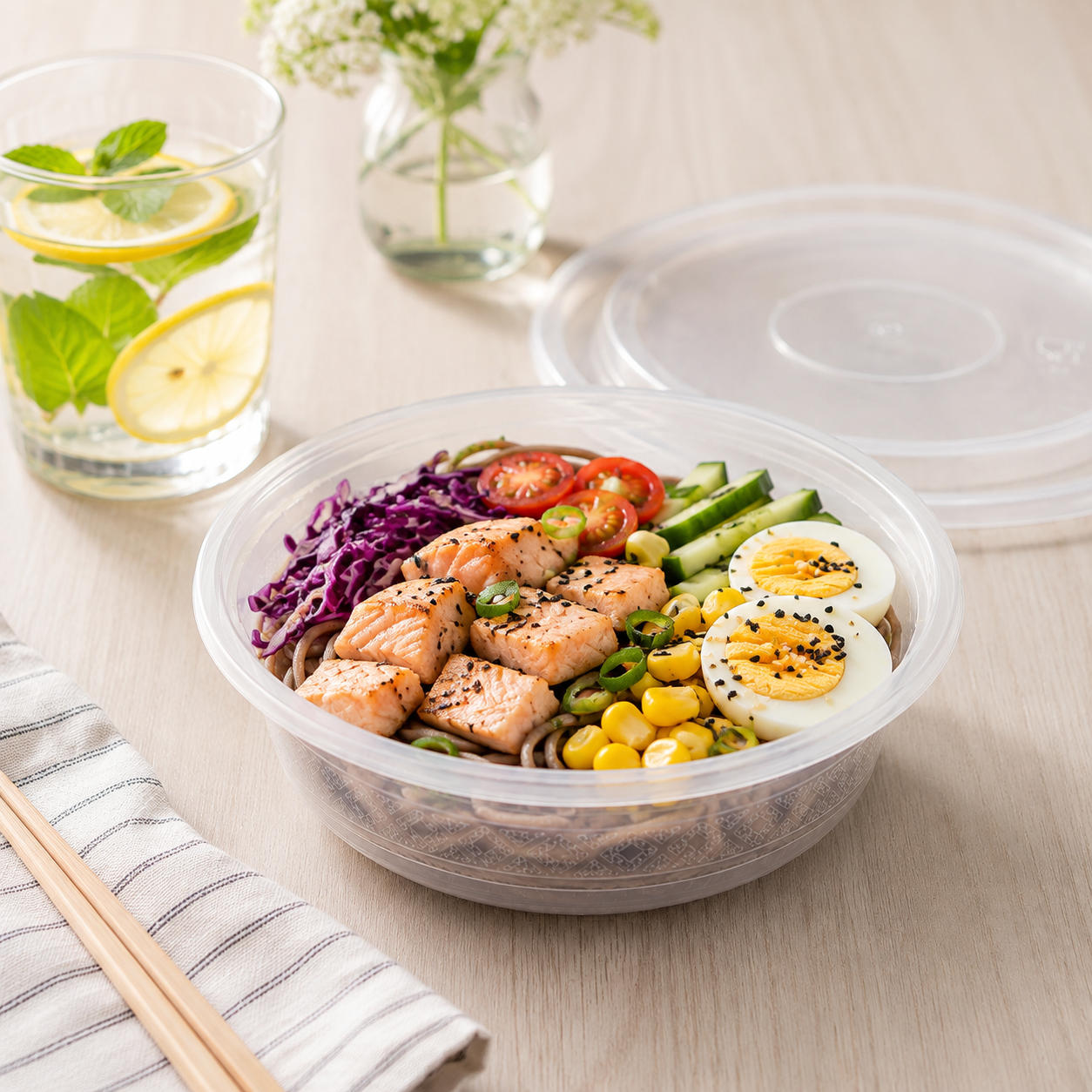 Clear Lid Shallow PP Bowl 450ml Stackable For Sides / Desserts