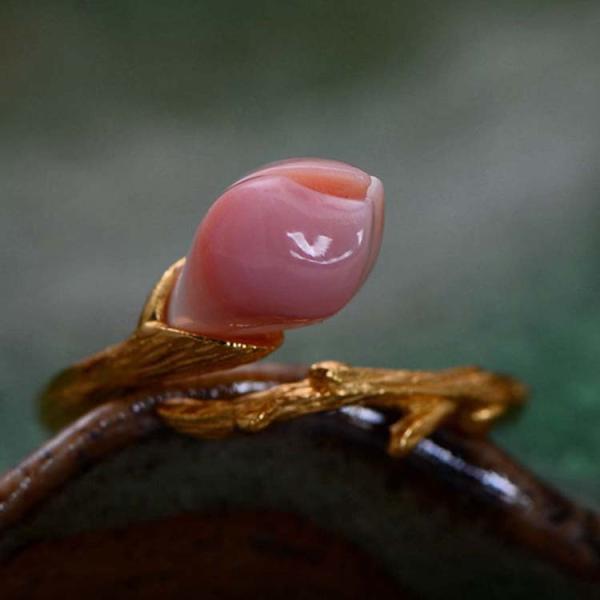 Women Sterling Silver Natural Pink Shell Tulip Gold Plated Ring Open Adjustable Size (058736)