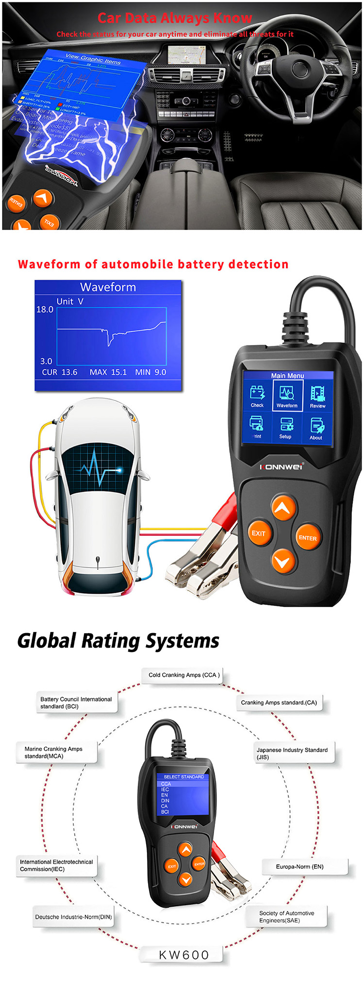 12V аккумуляторный пробник Konnwei KW600 на Walmart MICRO-200pro Lancol с персиянкой