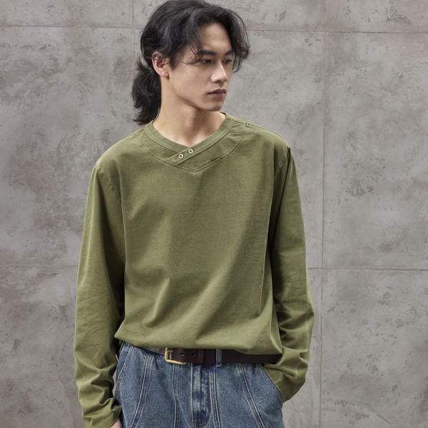 330g Heavy-Duty 100% Cotton Breathable Vintage Knitted Blank Regular Fit Men's Autumn Solid Color Long Sleeve O-Neck T-Shirt OEM