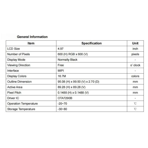 экран LCD квадрата 900nits квадрат TFT 4,97 дюймов показывает интерфейс 600*600 Mipi
