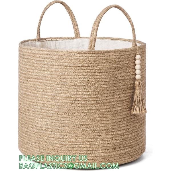 storage Basket Decorative Rope Basket Wooden Bead Decoration For Blankets,Toys,Clothes,Shoes,Plant Organizer Bin