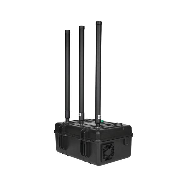 3 antennas 150W powerful briefcase design signal jammer blocks 2400-2500MHz,850-950MHz, 5725-5850MHz etc,. customizable signals, with a coverage range of up to 150 meters.