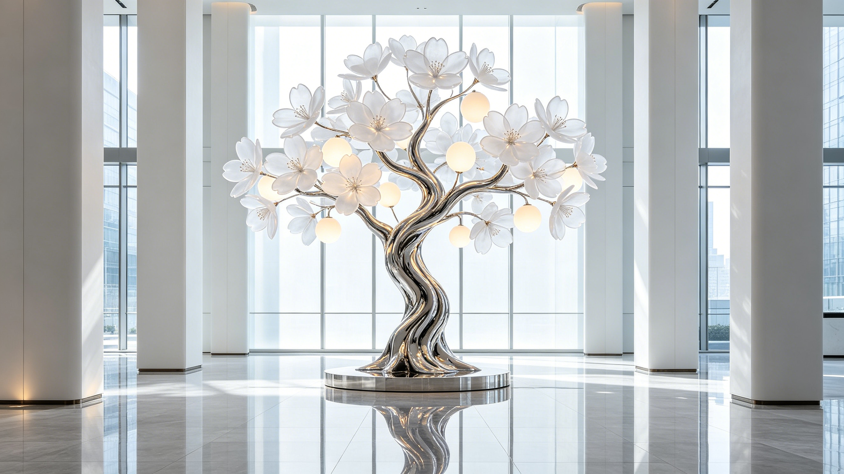 Mirror Polished Stainless Steel Tree Sculpture with Cool White LED Lighting and Customizable Height and Size