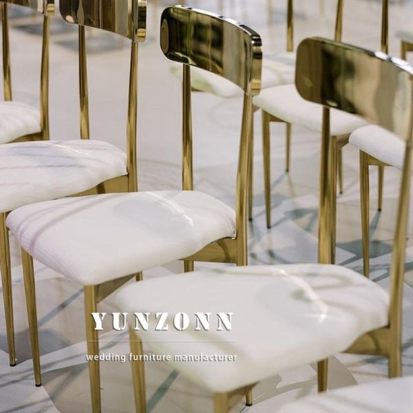Contemporary Event Hotel Banquet Furniture White Leather Gold Metal Stackable Wedding Chairs