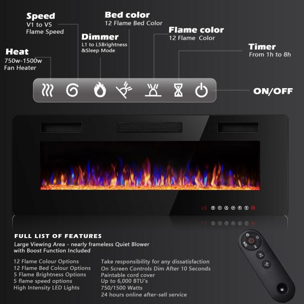 Wall Mounted Electric Fireplace 12 Flame Color Options and Remote Control Included