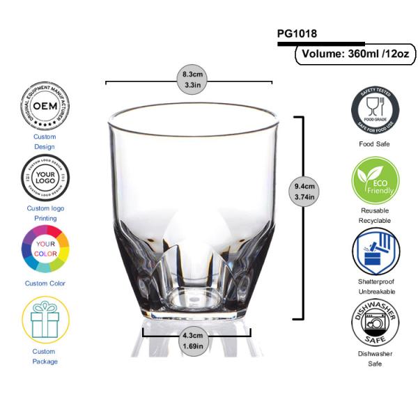 Reusable San Plastic Whisky Glasses 12oz Acrylic Drink Glasses Tumblers Flat Bottom