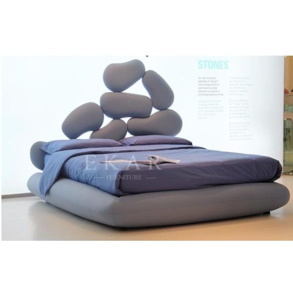 Wooden Frame Unique Shaped Upholstered Headboard Latest Double Bed Design