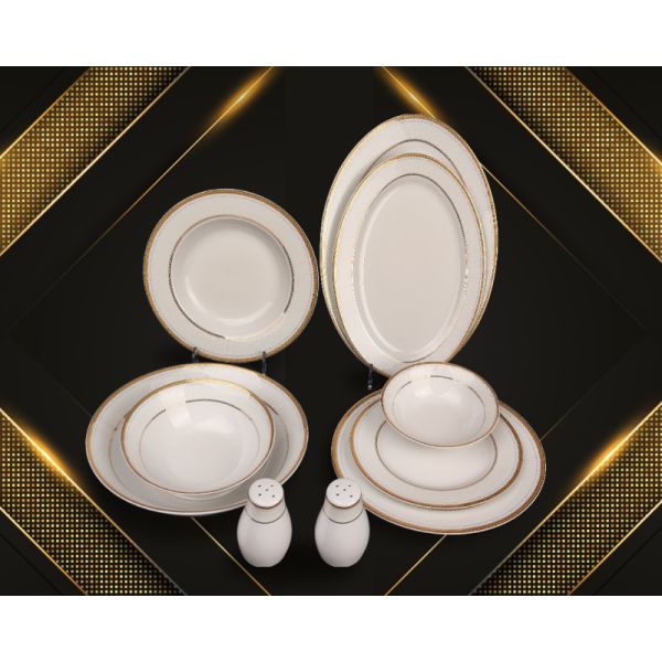 35pcs superwhite porcelain dinning set  with blue embossed flower and gold patterm