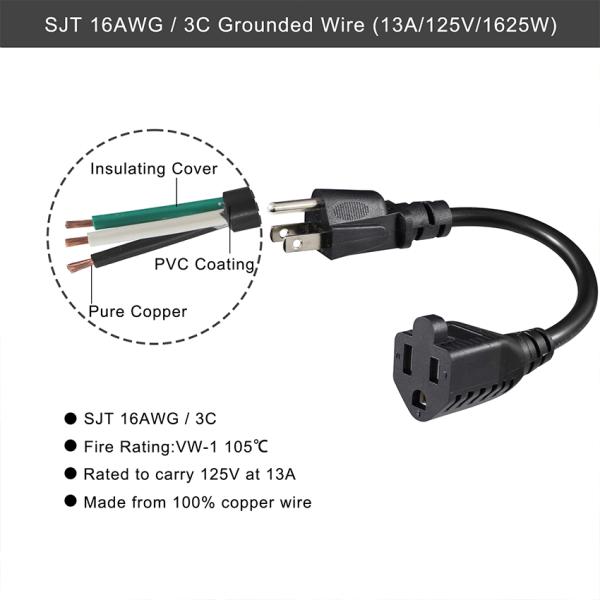 18AWG 3-Prong Pigtail Power Cord for Appliances and Tools
