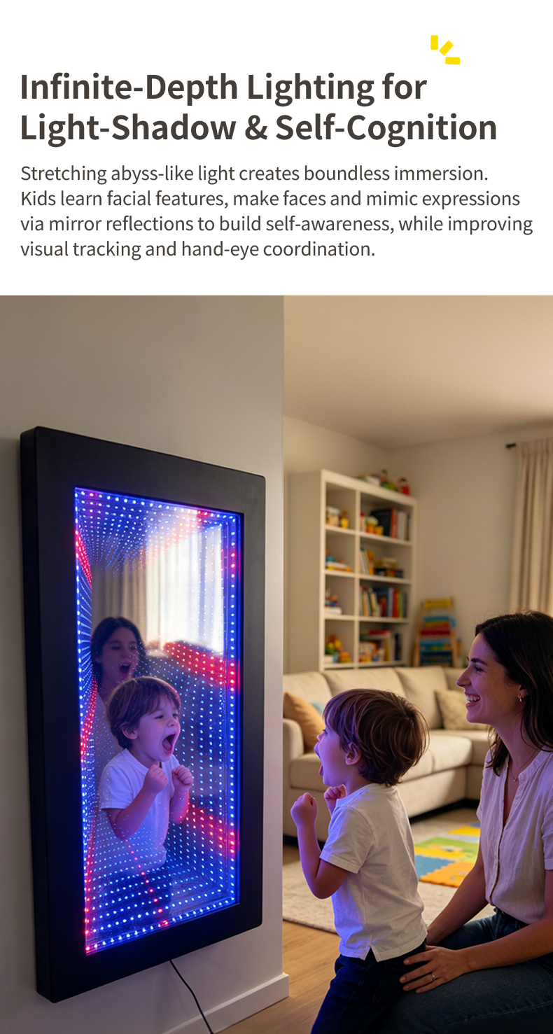 LED Sensory Lighting Mirror with Infinite 3D Tunnel Effect for Special Education Rooms and IP65 Waterproof Rating