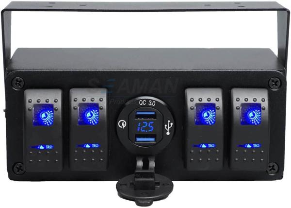 4 Gang Marine Led Switch Panel Box Light Boat With Dual USB Charger Voltmeter