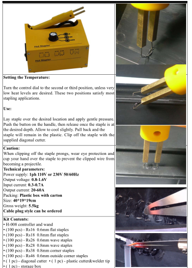 HOTSTAPLER FOR PLASTIC AUTO BODY REPAIR