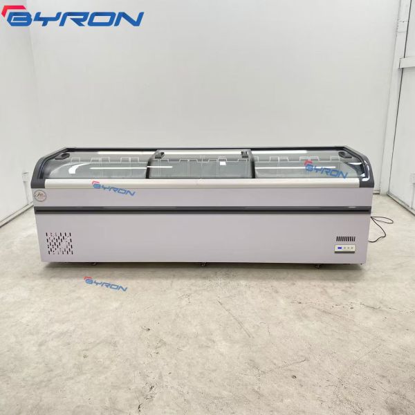 Curved Glass Sliding Door Island Freezer Commercial Deep Frozen Display Freezer