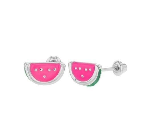 Silver Pink and Green Enamel Watermelon Kids Screw Back Earring for Gifts Occasion