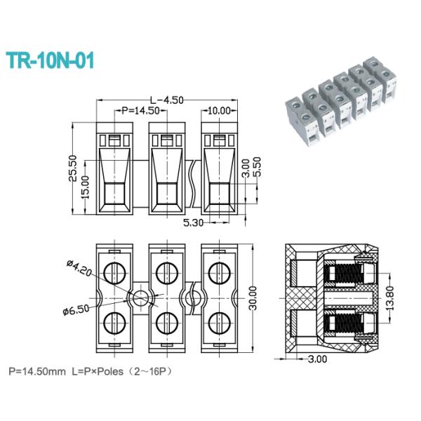 Поляки 600V 65A PA66 штепсельного блока 2-16 тангажа 14.5mm терминальные