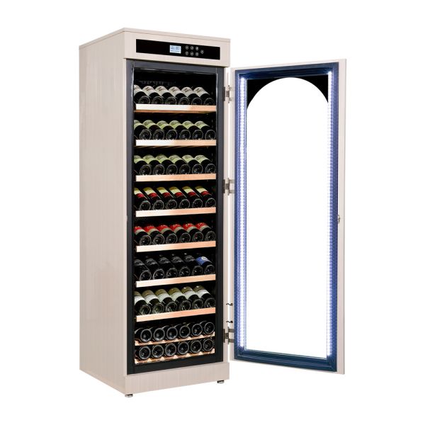 Freestanding Wood Wine Cooler with Digital Control Panel and Arched Glass Door