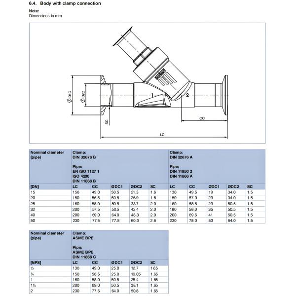 Pneumatically operated 2/2 way angle seat valve CLASSIC  Stainless steel body with PA actuator