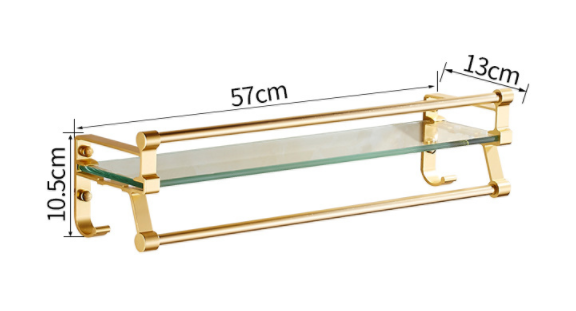 Gold Brass Single Layer Bathroom Glass Shelf with Towel Bar Shower Rectangular Rack Wall Mounted Cosmetic Holder