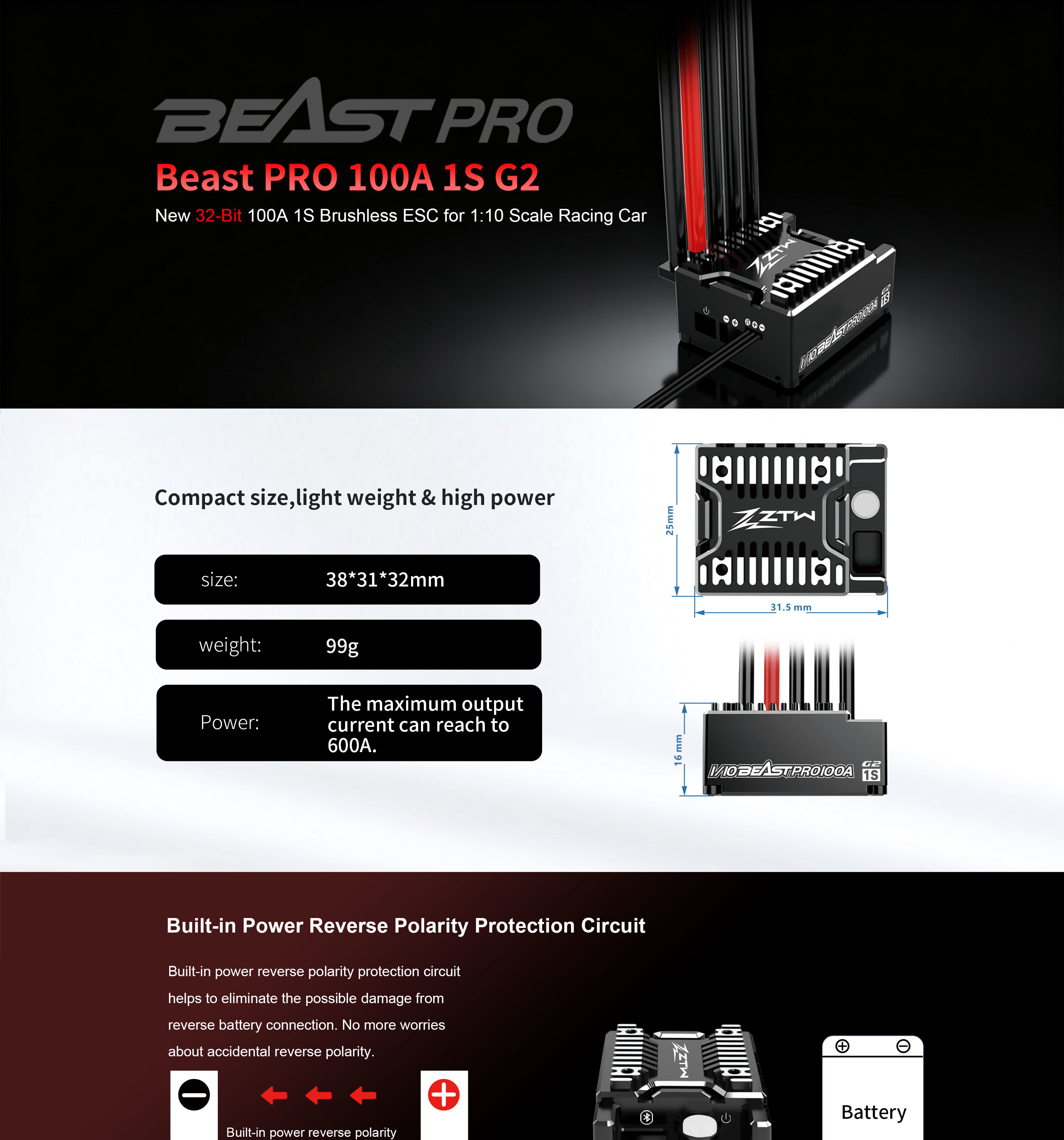 100A ZTW Beast PRO 1S G2 Sensored ESC 32 Bit For 1S 1:10 Pan Car
