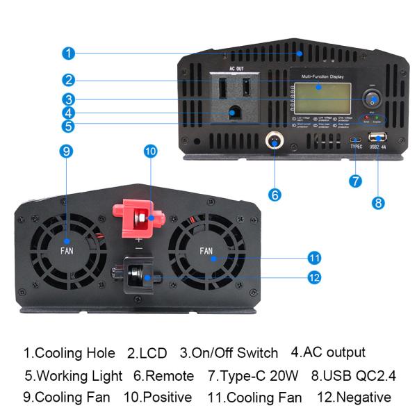 1000W High Frequency Power Inverter With LCD Display DC 12V 24V AC 110V 220V 230V
