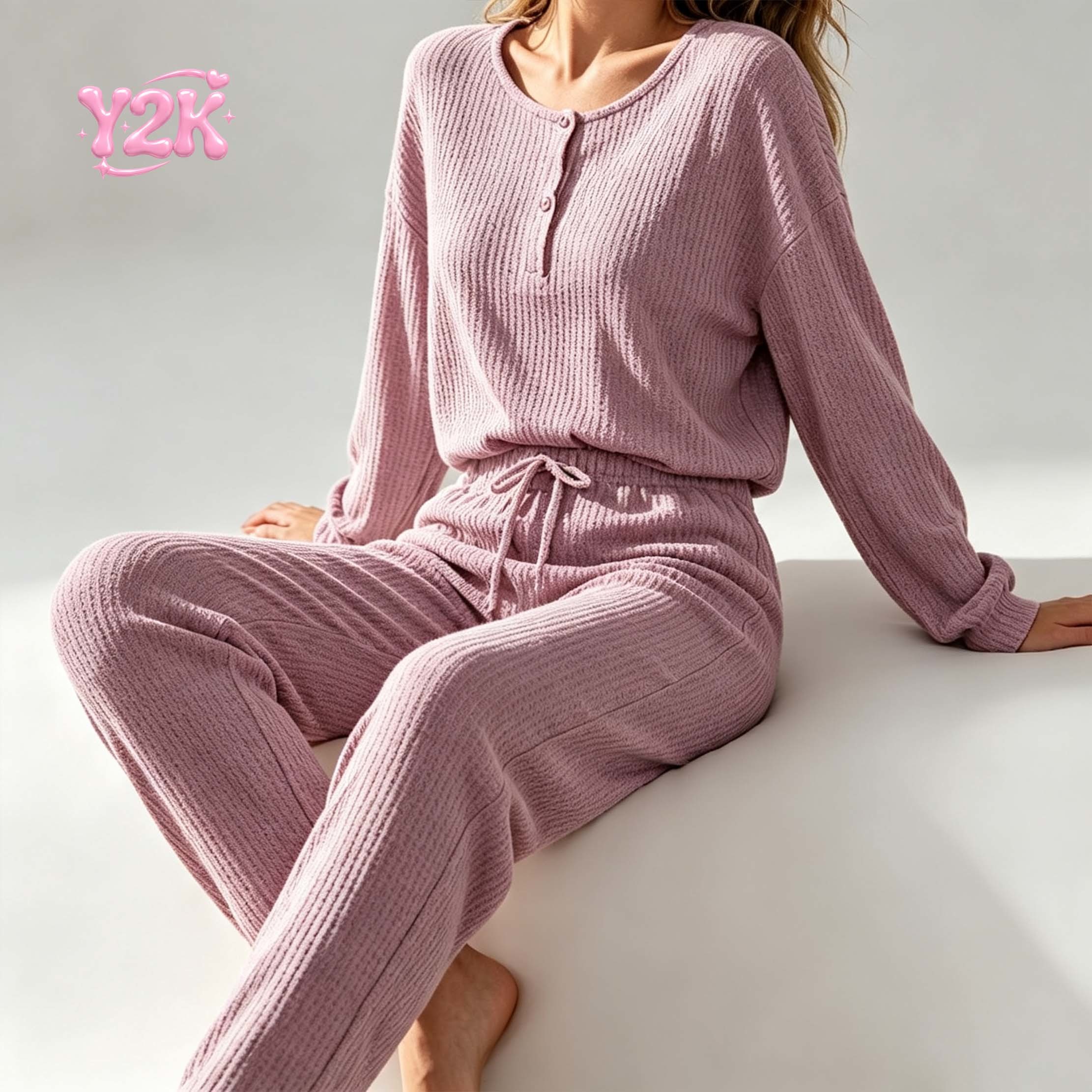 Custom Women's Waffle Knit Henley Top Wide Leg Pants Set