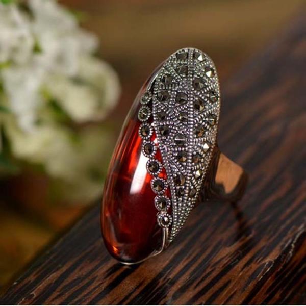 Vintage Sterling Silver Ring with Oval Red Cubic Zirconia and Marcasite(R12283RED)