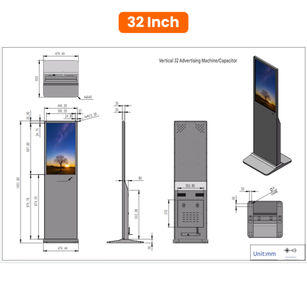 Floor Standing Digital Signage with 178° Viewing Angle, 16.7M Color Brightness, and 50,000 Hours Lifetime