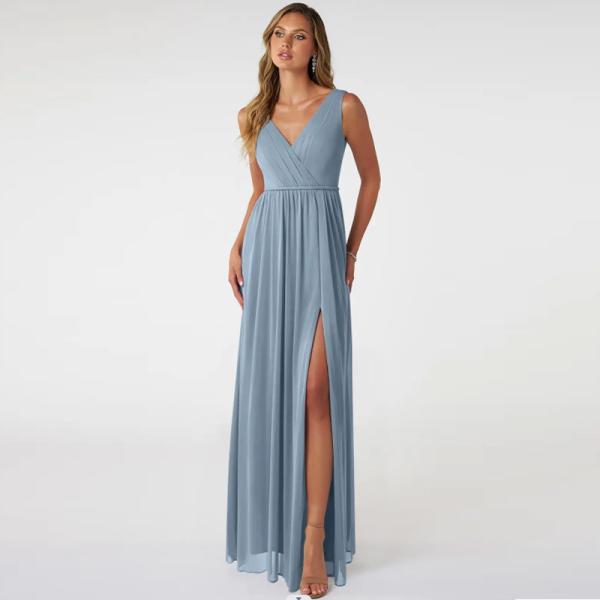 Elegant A-Line Front Split Slit Sky Blue Chiffon V-Neck Sleeveless Pleated  Backless Plus Size YKK Zipper