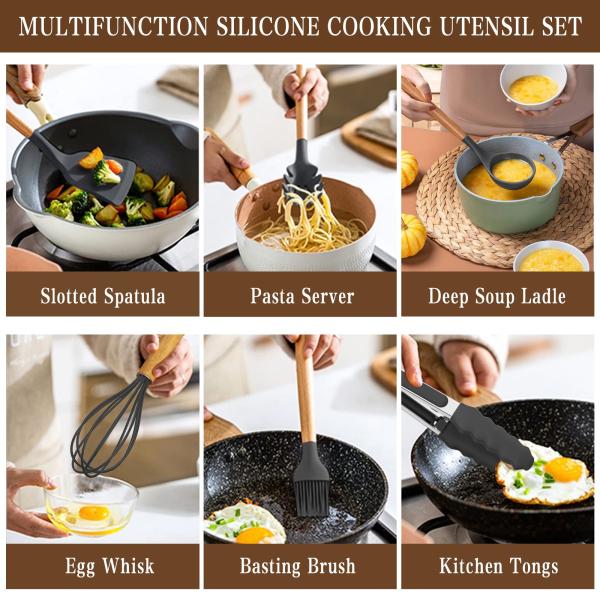 Stocked Silicone Kitchenware Cookware Sets With Wooden Handle Heat Resistant for OEM/ODM