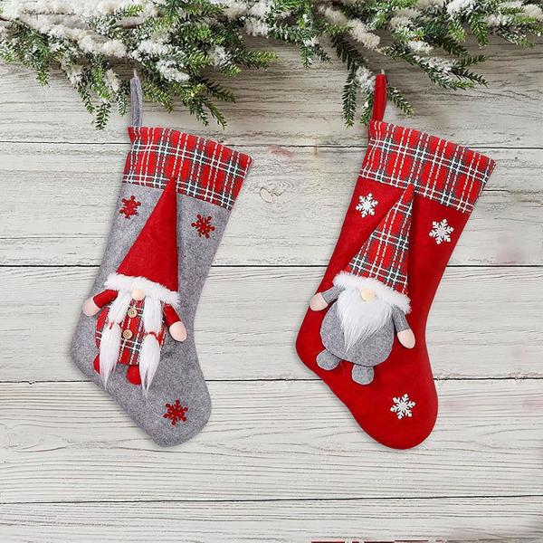 Christmas Stockings New Set 3D Gnomes Santa Christmas Stockings Personalized Soft Classic Red and Grey Fireplace Hanging