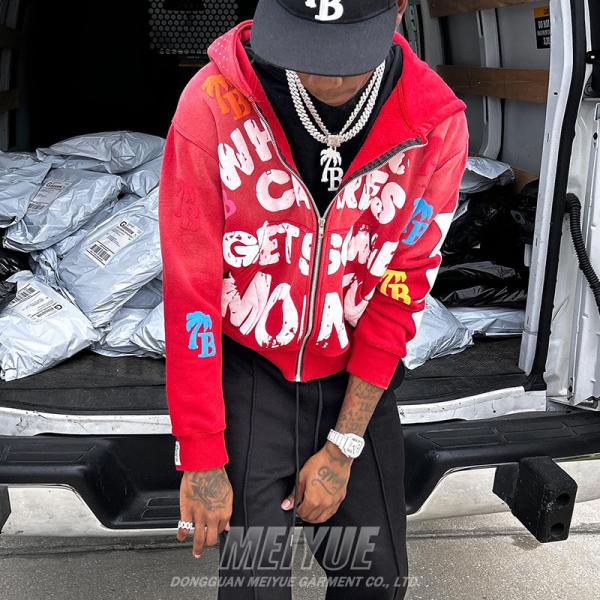 Streetwear Rhinestone Zipper Hoodie Cropped Puff Printing 500 Gsm