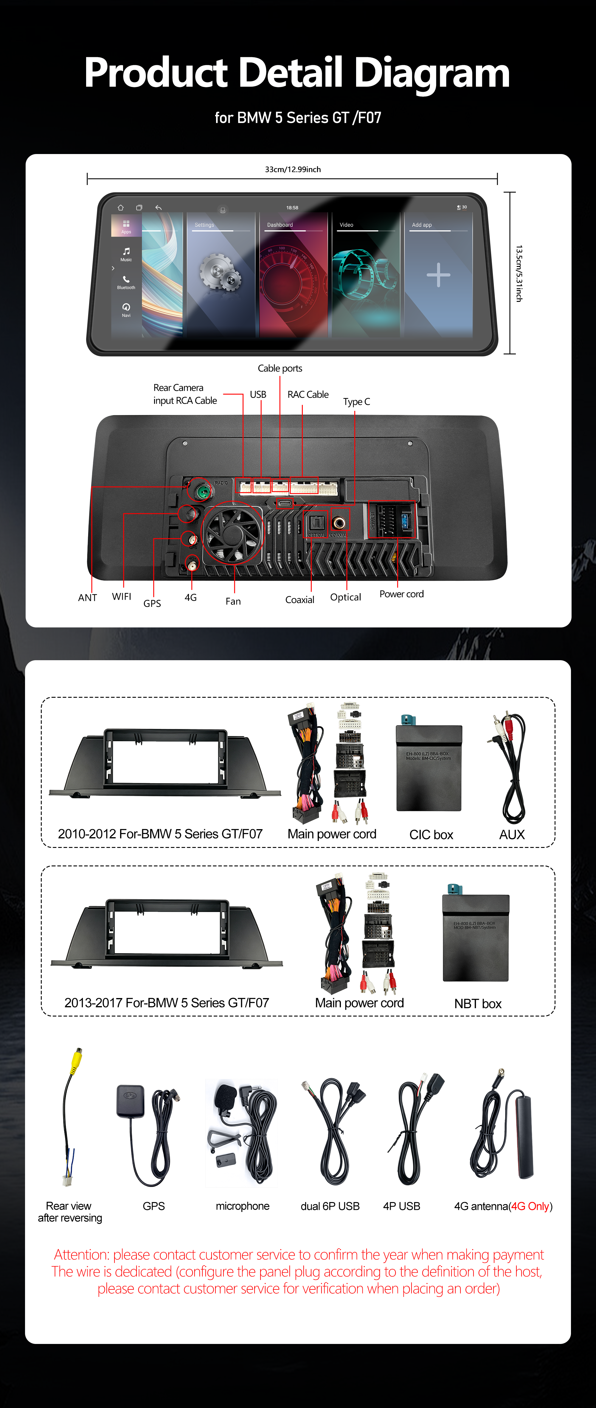 12.3inch Touchscreen Car Radio for BMW 5 Series GT/F07 2013-2017 Frame Harness Canbus Android OS Dashboard Mount 1 Year