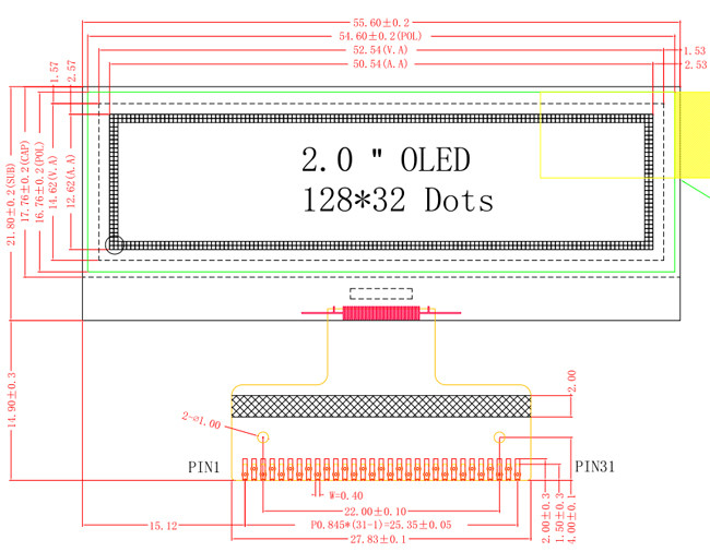 Промышленный 2-дюймовый OLED дисплейный модуль 128x32 графический интерфейс SPI I2C
