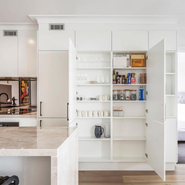 TUV Handless PVC Kitchen Cabinet White Matt Lacquer Finish